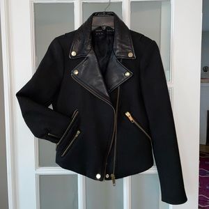 Zara black motorcycle jacket with real leather collar, size small
